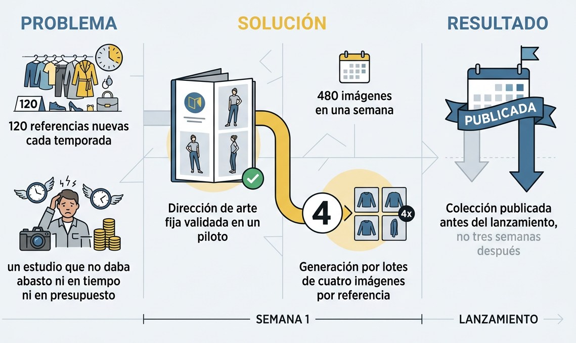 Esquema del caso: 120 referencias nuevas por temporada y un estudio saturado; dirección de arte fija validada en un piloto y generación por lotes de cuatro imágenes por referencia; 480 imágenes en una semana y colección publicada antes del lanzamiento