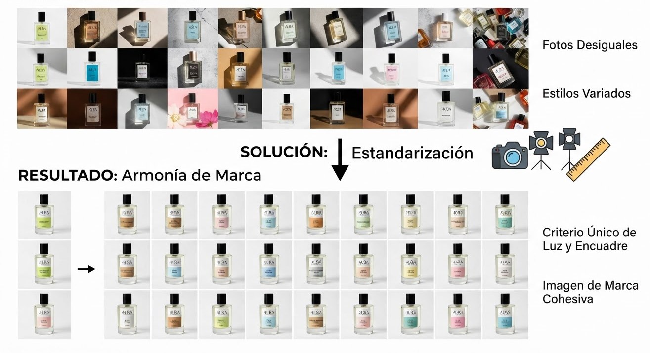 Comparación del caso: arriba, decenas de fotos de cosmética con luces, fondos y encuadres distintos; abajo, el mismo catálogo reconstruido en una cuadrícula uniforme con luz y encuadre unificados