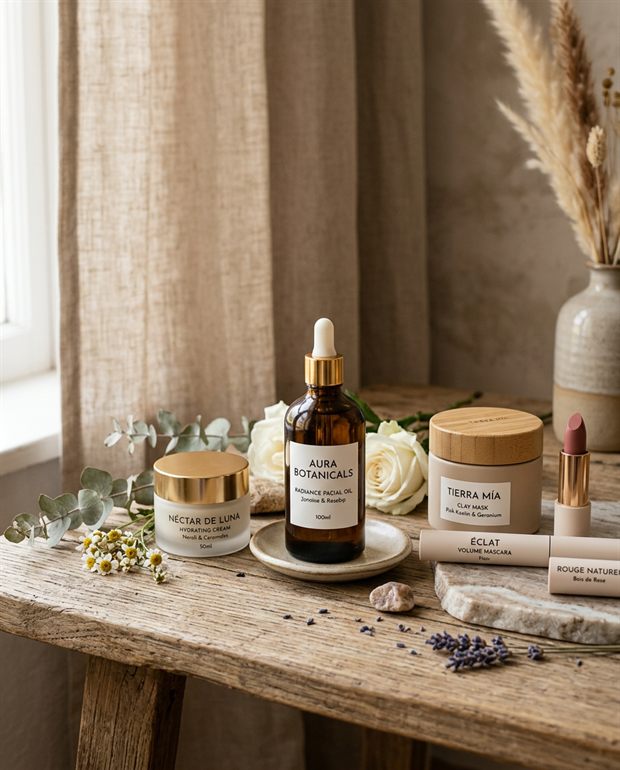 Bodegón de cosmética natural sobre mesa de madera, imagen de catálogo generada con IA