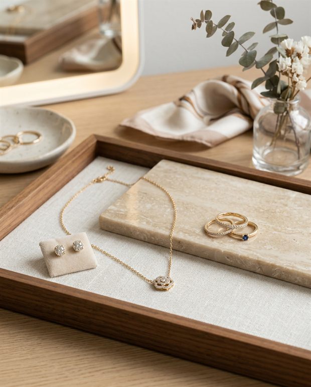 Collar, pendientes y anillos de oro sobre bandeja de madera, bodegón de joyería generado con IA