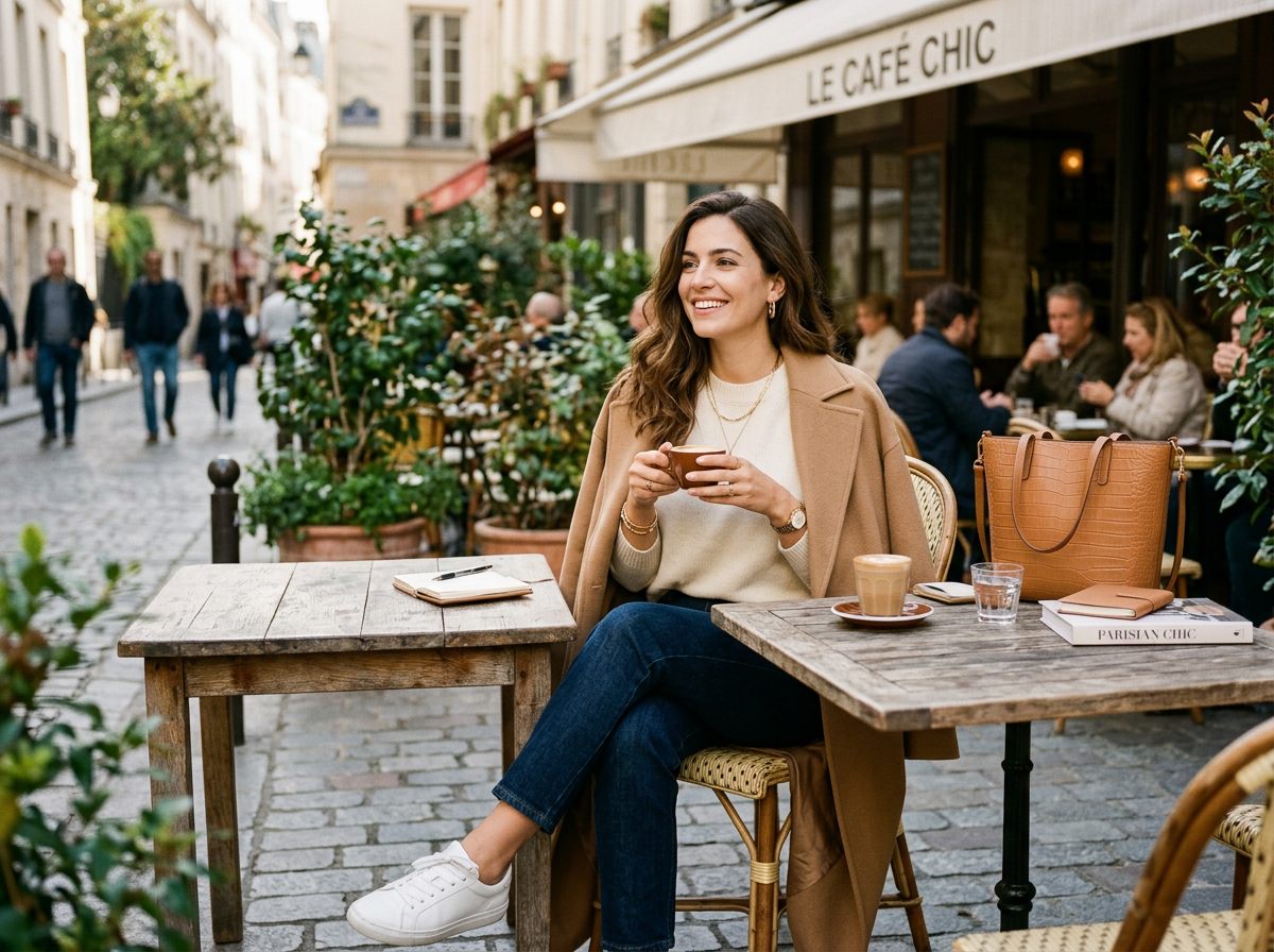 Modelo con abrigo camel y bolso en una terraza parisina, imagen lifestyle generada con IA